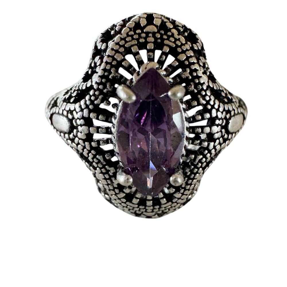 Silver 925 Amethyst Antique Eye Shaped Ring Size 8.5